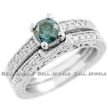 1.05ct Fancy Blue Diamond Matching Engagement/Wedding Ring Set 14k White Gold Antique Style รูปที่ 1