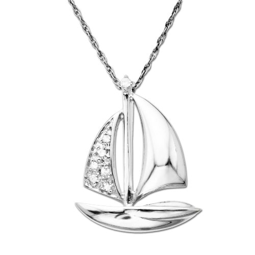 10k White-Gold Mini Sailboat and Diamond Pendant (.03cttw, I-J Color, I3 Clarity), 18