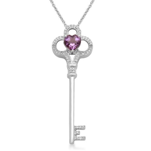 Sterling Silver Heart Amethyst and Genuine White Diamonds Key Pendant, 18