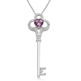 Sterling Silver Heart Amethyst and Genuine White Diamonds Key Pendant, 18