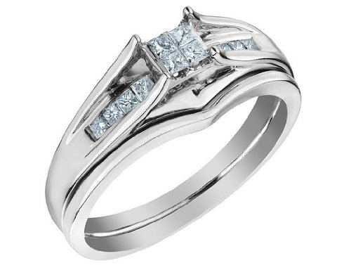 Princess Cut Diamond Engagement Ring & Wedding Band Set 1/4 Carat (ctw) in 14K White Gold รูปที่ 1