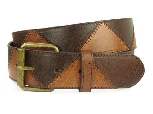 Snap On Stitching Edged Brass Buckle Two Tone Brown Genuine Leather Belt  รูปที่ 1