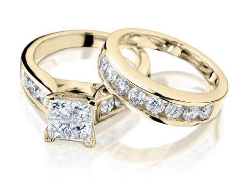 Princess Cut Diamond Engagement Ring and Wedding Band Set 1.5 Carat (ctw) in 14K Yellow Gold รูปที่ 1