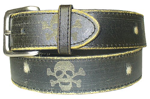 Mens Black Skull & Crossbones Distressed Leather Belt  รูปที่ 1