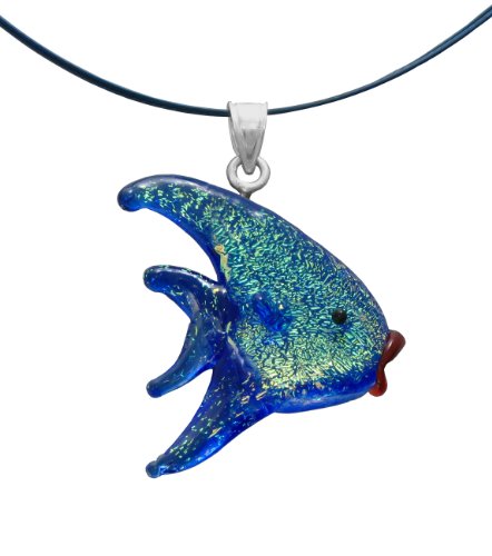 Sterling Silver Dichroic Glass Yellow on Blue Angel Fish Lampwork Pendant on Stainless Steel Wire, 18