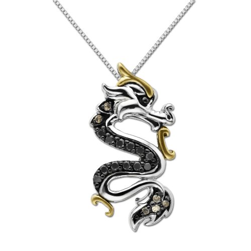 Sterling Silver and 14K Yellow-Gold Black and Champagne Diamond Dragon Pendant (0.14 cttw, Green Diamonds), 18