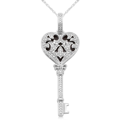 10k White Gold with Black Enamel Heart Key Diamond Pendant (1/4 cttw, I-J Color, I3 Clarity), 18