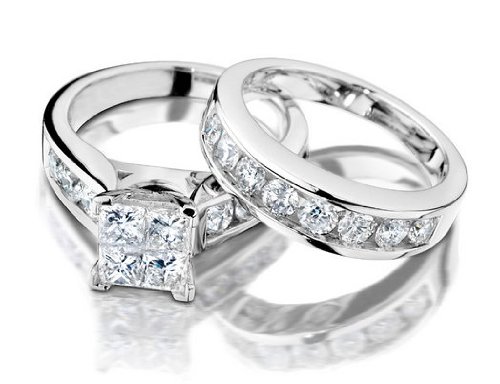 Princess Cut Diamond Engagement Ring and Wedding Band Set 1.5 Carat (ctw) in 14K White Gold รูปที่ 1