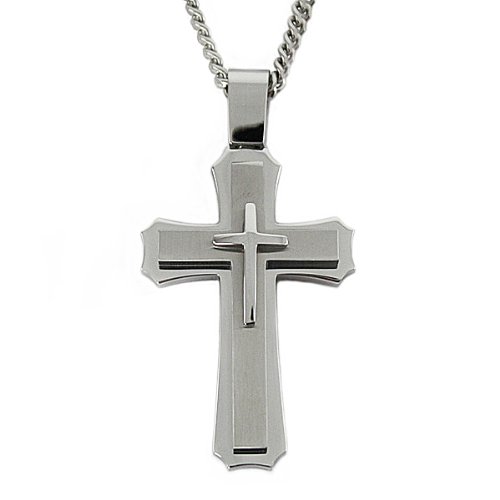 Stainless Steel Men's Large Cross Pendant with 24 Inches Curb Chain รูปที่ 1