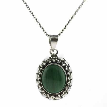 Sterling Silver Bali Bead Genuine Malachite Stone Oval Pendant รูปที่ 1