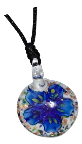 ROUND GLASS PENDANT WITH BLUE FLOWER ON BLACK CORD NECKLACE รูปที่ 1