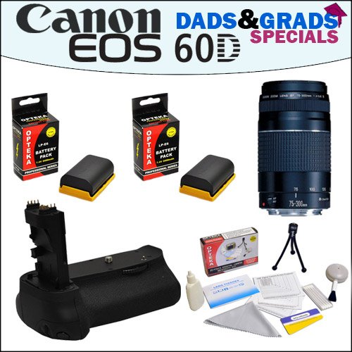 Dads&Grads Special! Canon EF 75-300mm f/4-5.6 III Telephoto Zoom Lens and Opteka Battery Pack Grip With 2 Opteka LP-E6 2400mAh Ultra High Capacity Li-ion for Canon EOS 60D Digital SLR Camera ( 47th Street Photo Lens ) รูปที่ 1