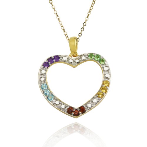 Yellow Gold Plated Sterling Silver Multi-Gemstone and Diamond Heart Pendant, 18