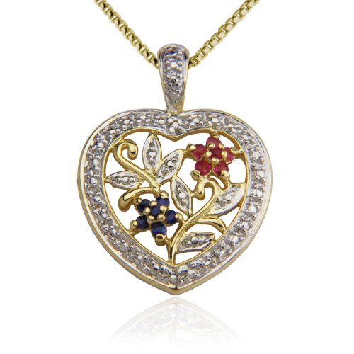 18k Yellow Gold Plated Ruby, Sapphire and Diamond Accent Flowers Heart Pendant รูปที่ 1