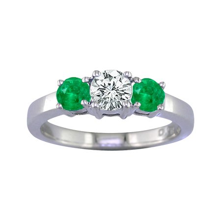 2 Ct Three-Stone Emerald & Diamond Engagement Ring In 14K White Gold รูปที่ 1