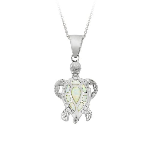 Sterling Silver Created-White Opal Inlay Turtle Pendant with Rolo Chain, 18