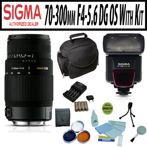 Sigma 70-300mm F4-5.6 DG OS with EF530 DG ST Flash, Opteka 3 Piece Filter kit, Camera and Accessory Bag, 5 Piece Cleaning kit, AA Battery Pack and Charger for Sony Alpha Cameras ( Sigma Lens ) รูปที่ 1