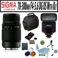Sigma 70-300mm F4-5.6 DG OS with EF530 DG ST Flash, Opteka 3 Piece Filter kit, Camera and Accessory Bag, 5 Piece Cleaning kit, AA Battery Pack and Charger for Sony Alpha Cameras ( Sigma Lens )