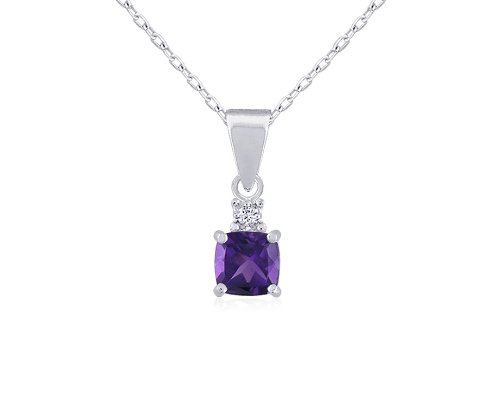 Sterling Silver 5mm Cushion Amethyst and Diamond-Accent Pendant, 18