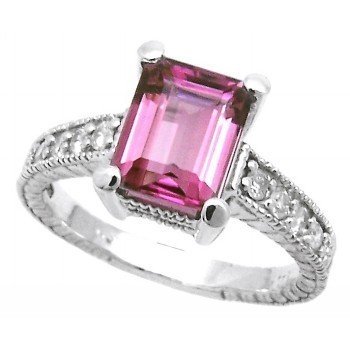 1.75ct VVS Pink Tourmaline & Diamonds Engagement Ring 14k White Gold Antique Style รูปที่ 1