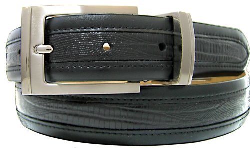 Belt By Ardente,black Leather W/lizard Embossed Stripe,two-tone Buckle & Matching Loop, 30mm., Wide,style-4005 (leather belt ) รูปที่ 1