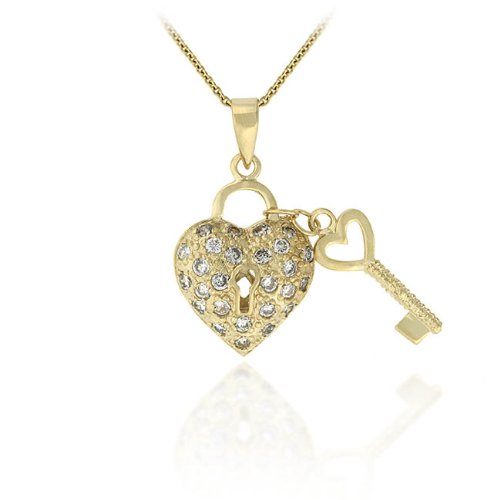 18k Gold over Sterling Silver Designer-Inspired Heart & Key CZ Pendant รูปที่ 1