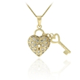 18k Gold over Sterling Silver Designer-Inspired Heart & Key CZ Pendant