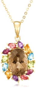 14k Yellow Gold Plated Sterling Silver Smoky Quartz Oval with Pear-Shaped Multi-Gemstone Pendant, 18.5