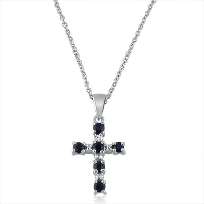 Sapphire and Diamond Cross Pendant in Sterling Silver 18-inch Necklace รูปที่ 1