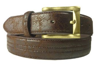 Brown Double Stitched Distressed Leather Dress Belt With Gold colored Buckle  รูปที่ 1