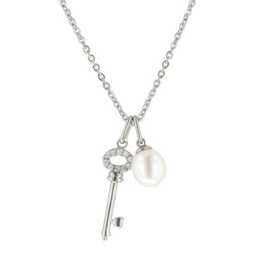 Sterling Silver White Freshwater Cultured Pearl Key Pendant (7-7.5mm), 17