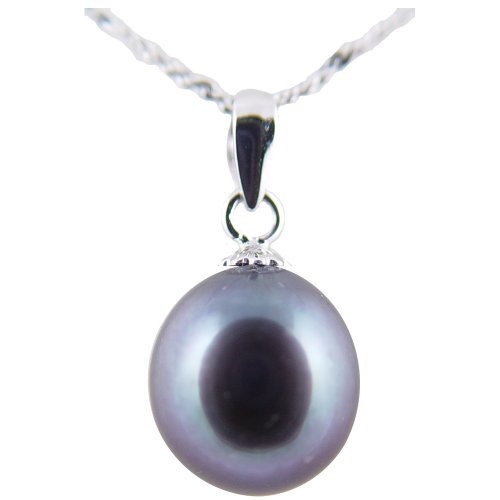 Freshwater Cultured Oval Shape 9-10mm Black Pearl Pendant with 18K White Gold, 16