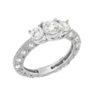 Sterling Silver Filigree Engagement Ring With Round Cubic Zirconia in a 4 Prong Setting with Two Smaller Sidestones รูปที่ 1