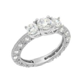 Sterling Silver Filigree Engagement Ring With Round Cubic Zirconia in a 4 Prong Setting with Two Smaller Sidestones