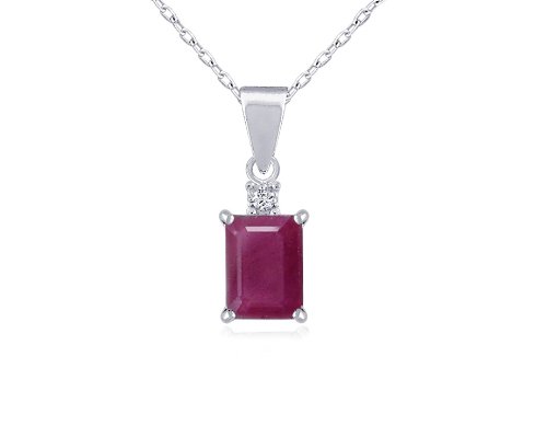 Sterling Silver 8x6 Octagon Dyed Ruby and Diamond-Accent Pendant, 18