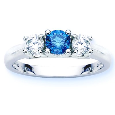 Sterling Silver 3 Stone Blue Diamond and White Diamond Ring (1 cttw) ( DivaDiamonds ring ) รูปที่ 1