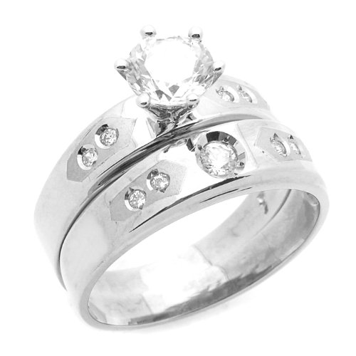 14K Engagement Ring 1.1ctw CZ Cubic Zirconia Solitaire Ring Set White Gold Ring รูปที่ 1