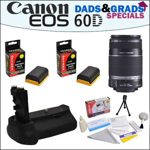 Dads&Grads Special! Canon EF-S 55-250mm f/4.0-5.6 IS Telephoto Zoom Lens and Opteka Battery Pack Grip With 2 Opteka LP-E6 2400mAh Ultra High Capacity Li-ion for Canon EOS 60D Digital SLR Camera ( 47th Street Photo Lens ) รูปที่ 1