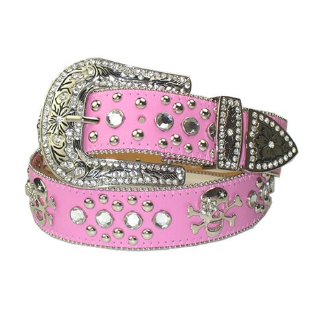 New Pink Rhinestone Studded Skull Leather Belt L 38 40  รูปที่ 1