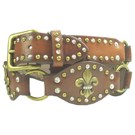 Brown Rhinestone Fleur De Lis Leather Belt Size M/L  รูปที่ 1