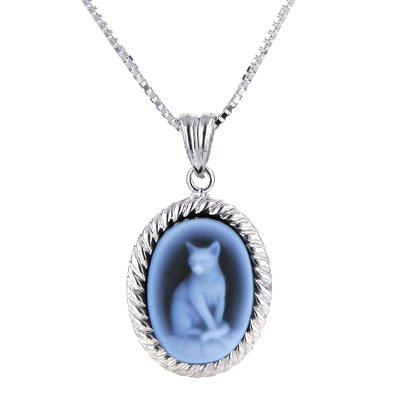 Sterling Silver Oval Frame 14X10mmm Blue Agate Cat Cameo Pendant w/18