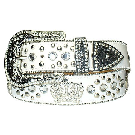 White Rhinestone Studded Crown Leather Belt XL 42 44  รูปที่ 1