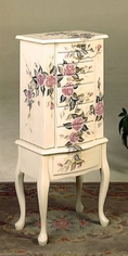 Floral Design White Finish Wood Jewelry Armoire ( Antique )