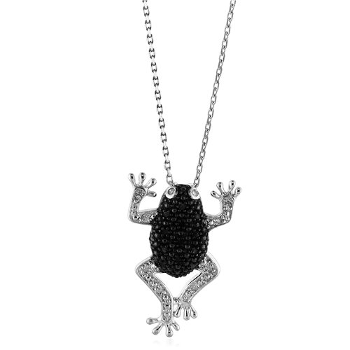 Sterling Silver White and Treated Black Diamond Frog Pendant with 18