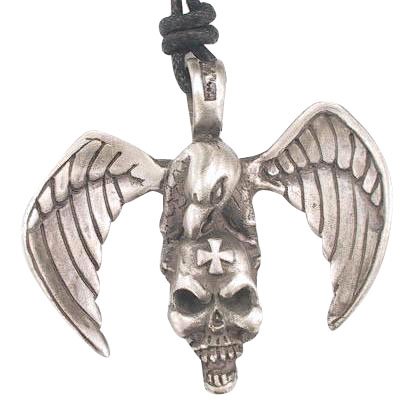 German Iron Cross Bird Skull Pewter Pendant Necklace รูปที่ 1