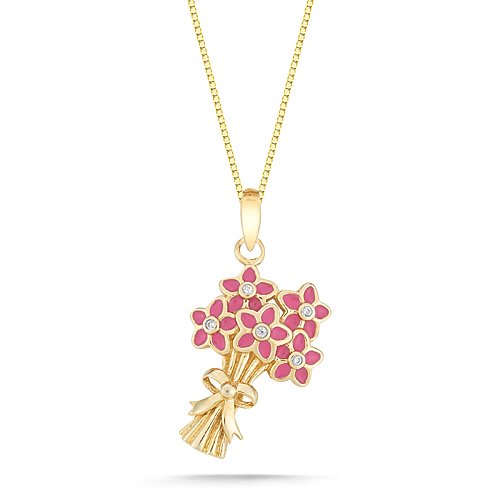 10k Yellow Gold Pink Enamel with Diamonds Flower Bouquet Pendant (0.02 cttw, I-J Color, I2-I3 Clarity), 18
