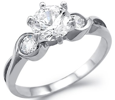 Solid 14k White Gold Three 3 Stone Engagement Wedding CZ Cubic Zirconia Ring Round Cut 1.5 ct รูปที่ 1