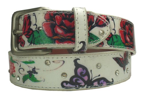 Rose Butterfly Tattoo Style White Leather Belt  รูปที่ 1