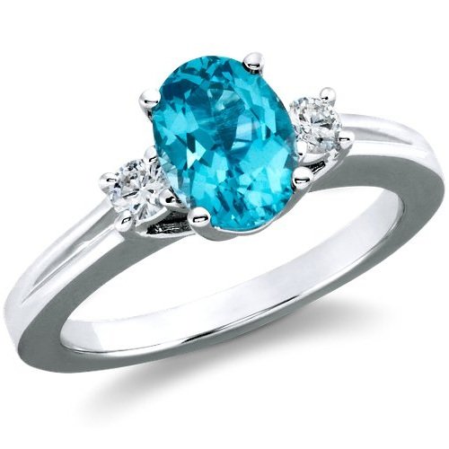 Platinum Oval Blue Topaz & Diamond 3 Stone Ring (1 ctw) รูปที่ 1