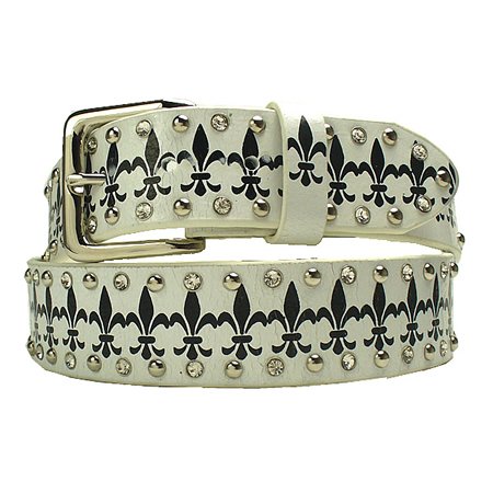 New White Leather Fleur De Lis Rhinestone Belt L 38 40  รูปที่ 1